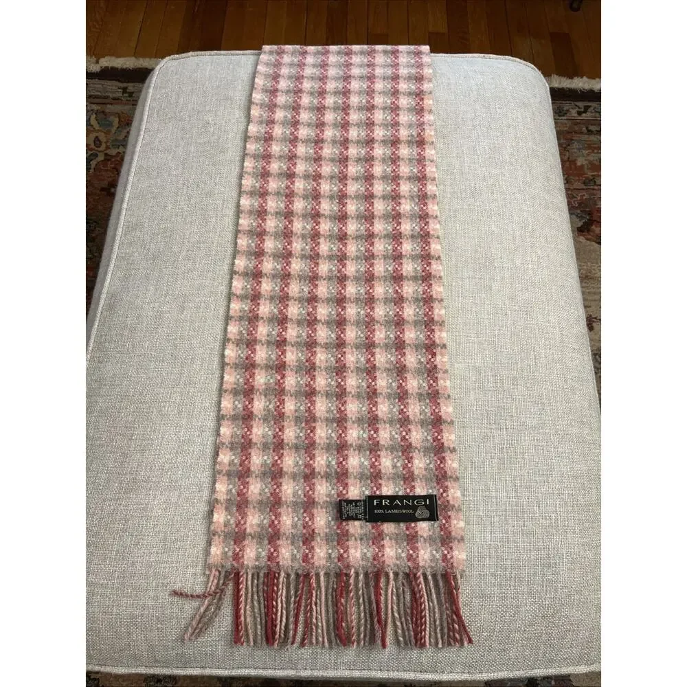 Vintage FRANGI Scarf 100% LAMBSWOOL Made In England Pink Plaid Fringe 10X60
